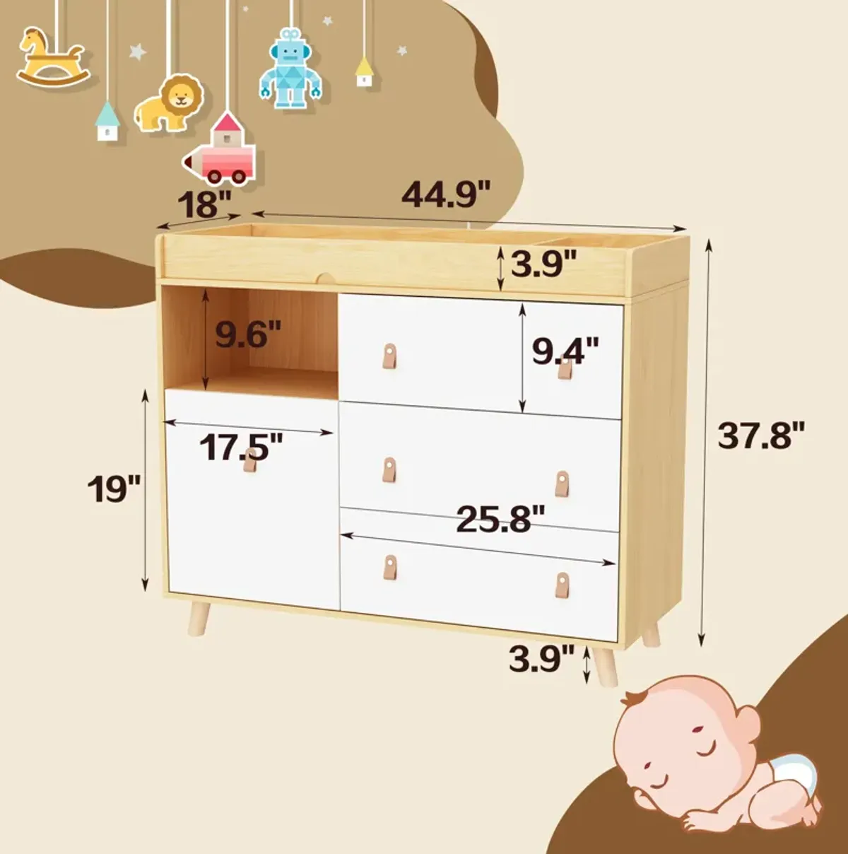 4-Drawer Brown Wood 44.9 in. W Kids Low Dresser Storage Organizer Cabinet With Changing Table Open Shelf