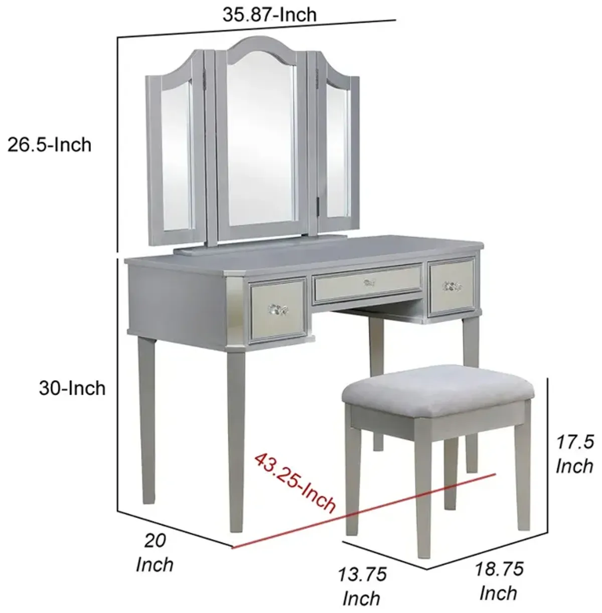 43 Inch Vanity Desk with Stool, Drawers, 3 Sided Mirrors, Silver Wood Frame - Benzara