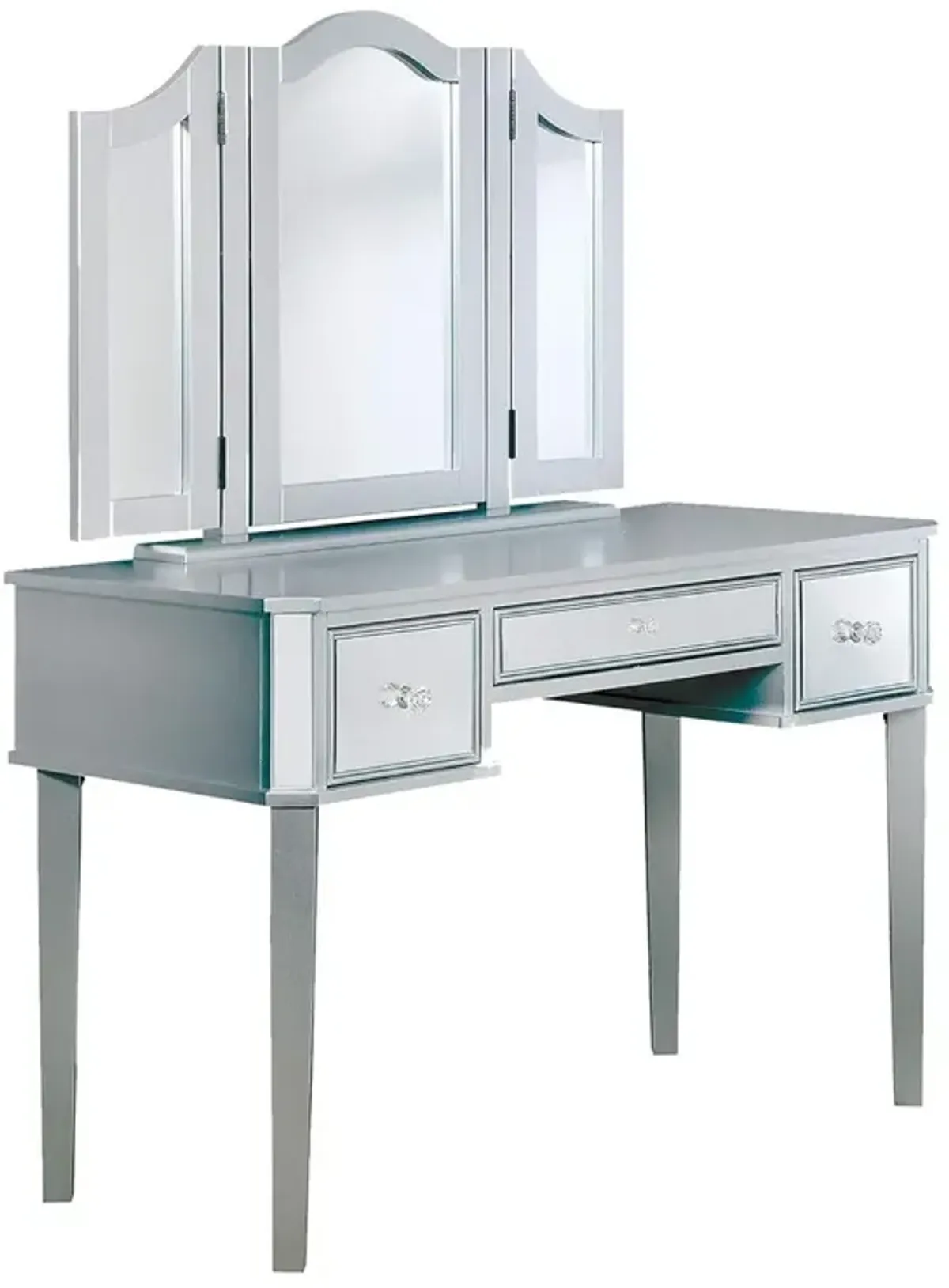 43 Inch Vanity Desk with Stool, Drawers, 3 Sided Mirrors, Silver Wood Frame - Benzara