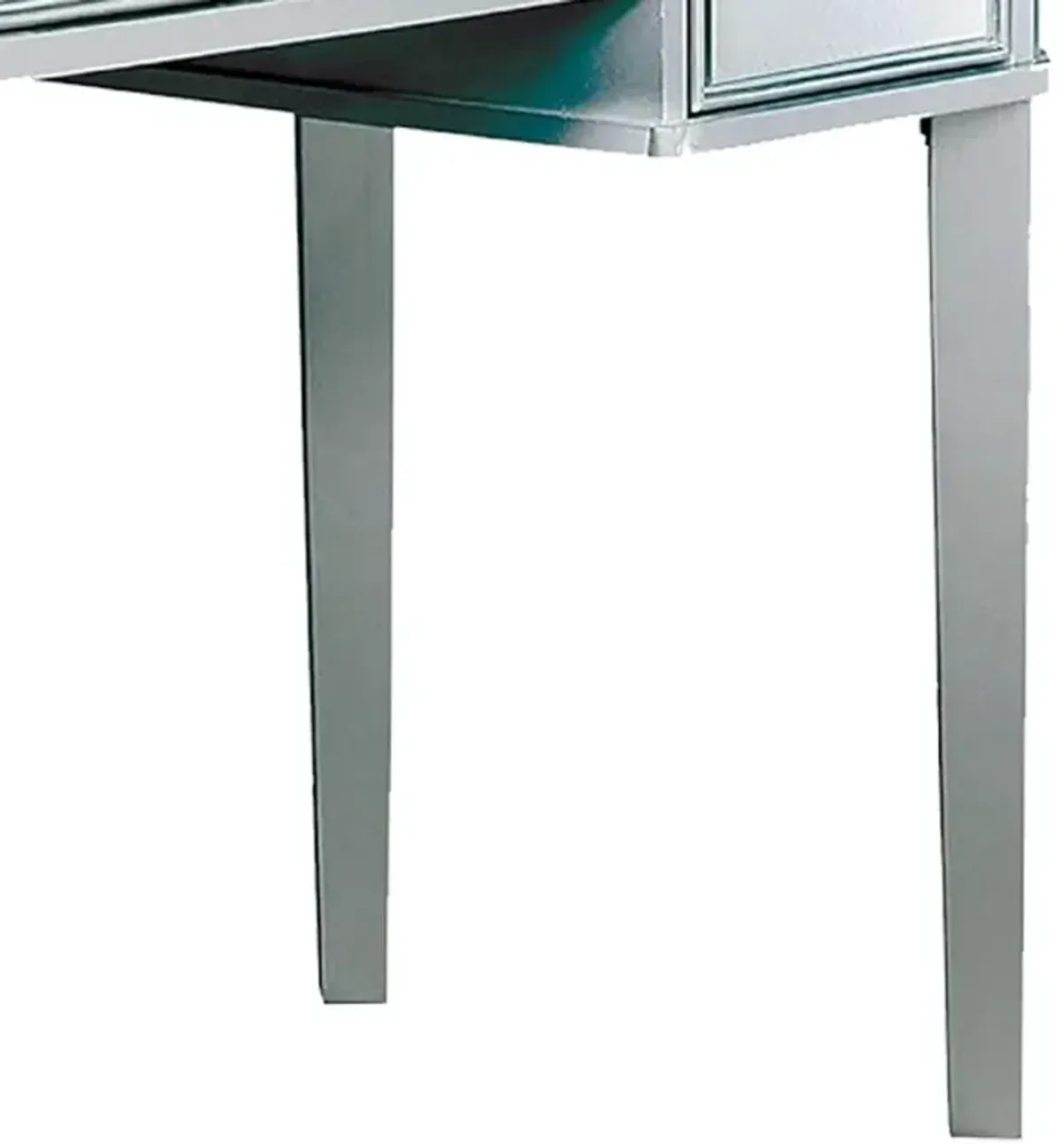 43 Inch Vanity Desk with Stool, Drawers, 3 Sided Mirrors, Silver Wood Frame - Benzara