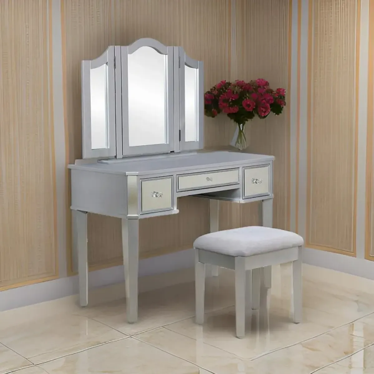 43 Inch Vanity Desk with Stool, Drawers, 3 Sided Mirrors, Silver Wood Frame - Benzara