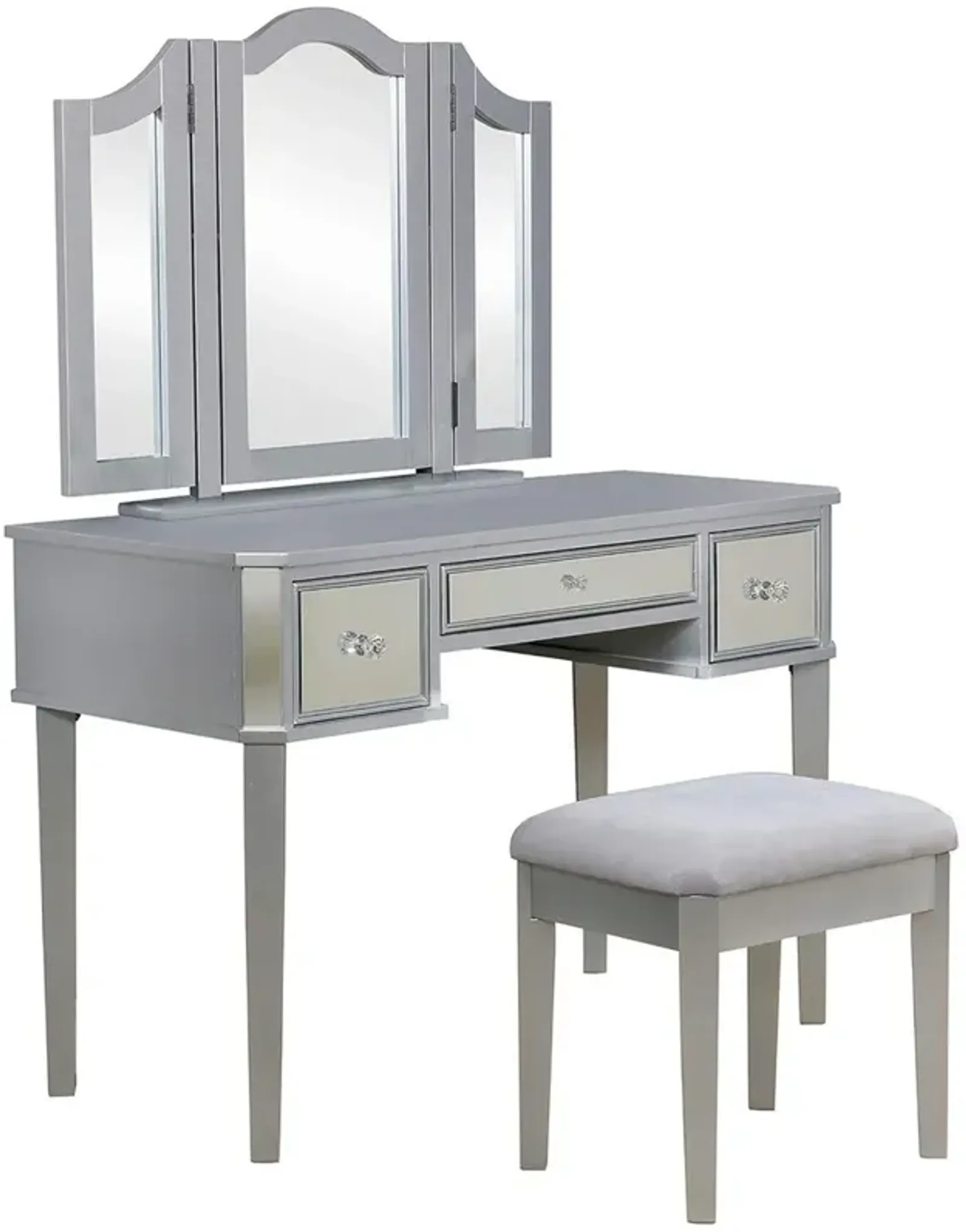 43 Inch Vanity Desk with Stool, Drawers, 3 Sided Mirrors, Silver Wood Frame - Benzara