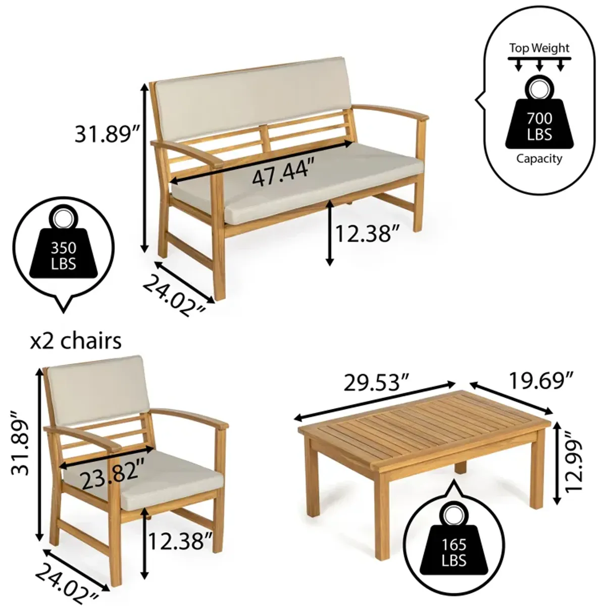 Barclay 4-Piece Modern Coastal Acacia Wood Conversation Outdoor Patio Set with Cushions