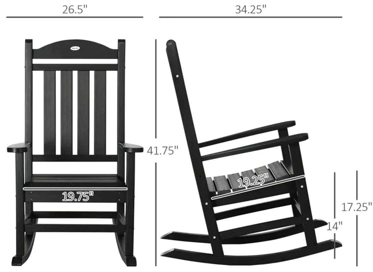 Outsunny 2 Pieces Outdoor Rocking Chair, All Weather-Resistant HDPE Rocking Patio Chairs with Rustic High Back, Armrests, Oversized Seat and Slatted Backrest, 350lbs Weight Capacity, Black