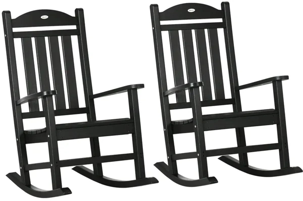 Outsunny 2 Pieces Outdoor Rocking Chair, All Weather-Resistant HDPE Rocking Patio Chairs with Rustic High Back, Armrests, Oversized Seat and Slatted Backrest, 350lbs Weight Capacity, Black