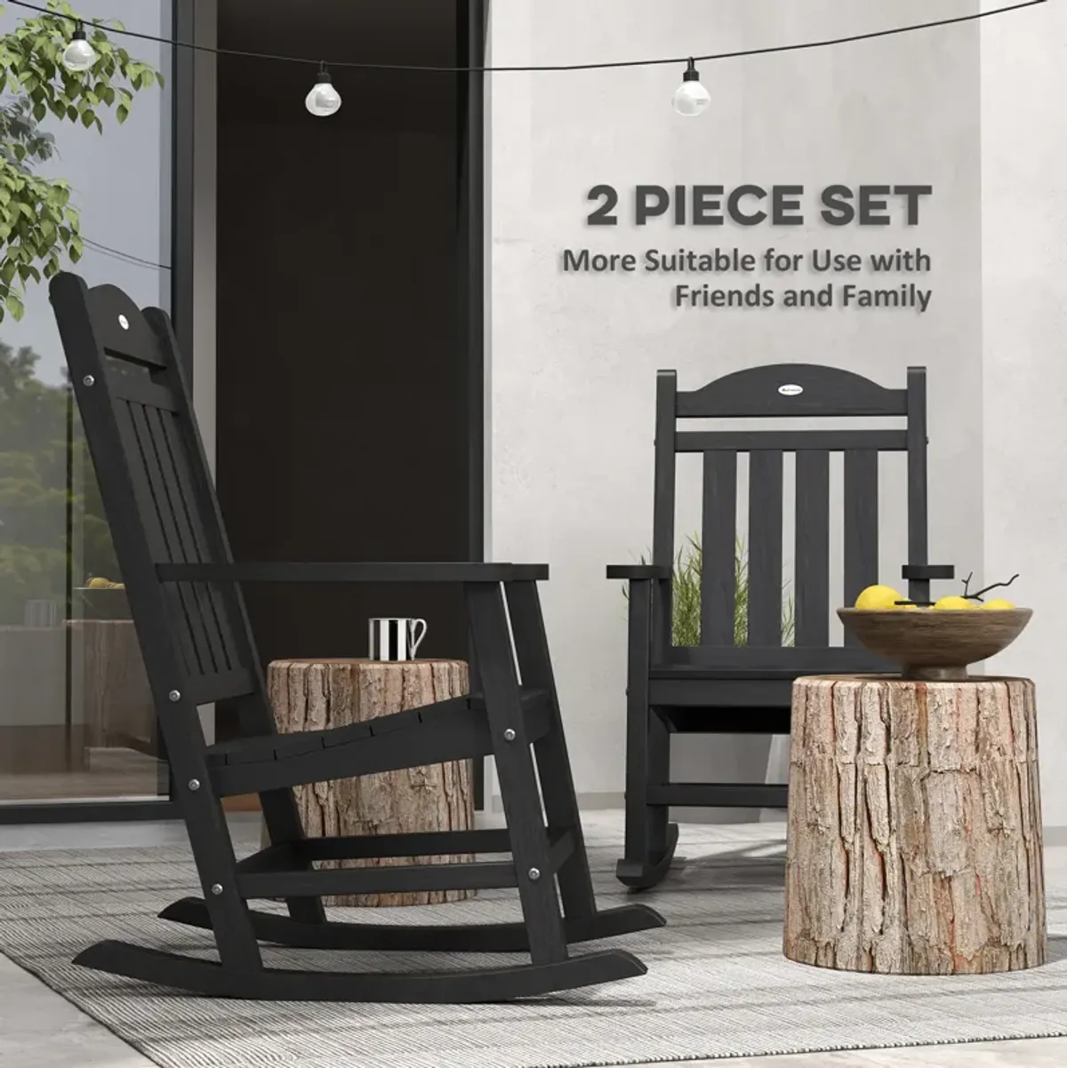 Outsunny 2 Pieces Outdoor Rocking Chair, All Weather-Resistant HDPE Rocking Patio Chairs with Rustic High Back, Armrests, Oversized Seat and Slatted Backrest, 350lbs Weight Capacity, Black