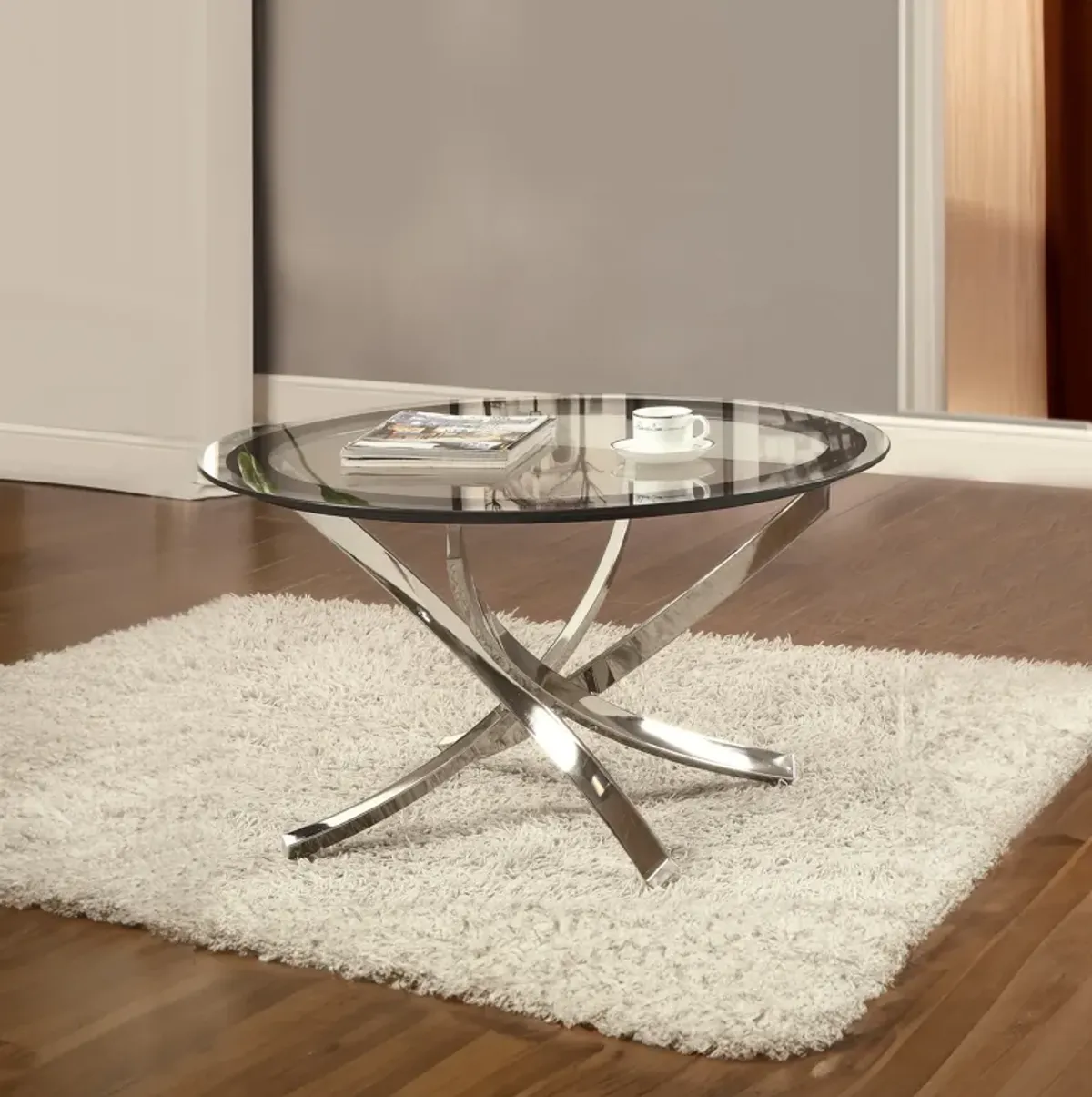 Round Tempered Glass Top Coffee Table with Metal Legs, Silver and Clear-Benzara