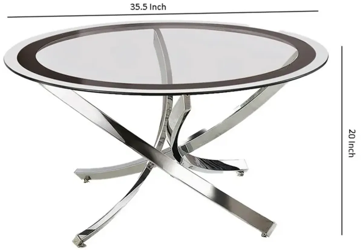 Round Tempered Glass Top Coffee Table with Metal Legs, Silver and Clear-Benzara