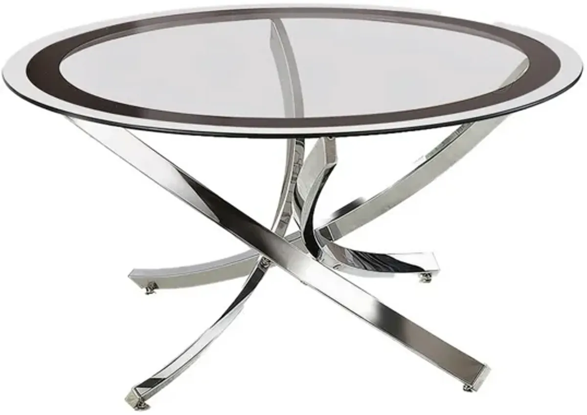 Round Tempered Glass Top Coffee Table with Metal Legs, Silver and Clear-Benzara