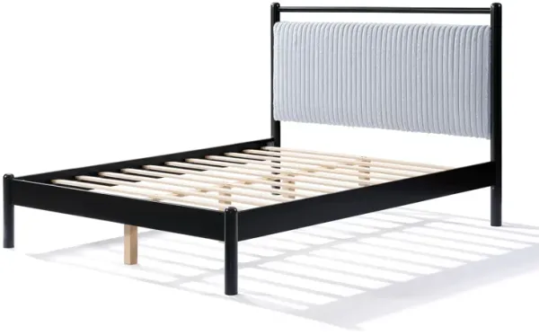 Merax Queen Wood Platform Bed with Fluffy Grey Headboard & Black Frame