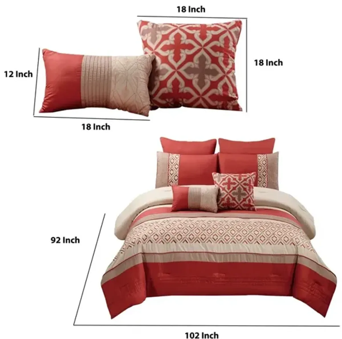 8 Piece King Polyester Comforter Set with Geometric Embroidery, Orange - Benzara