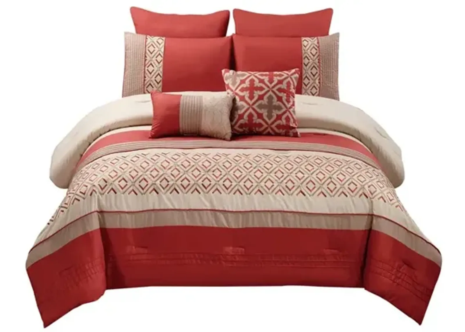 8 Piece King Polyester Comforter Set with Geometric Embroidery, Orange - Benzara