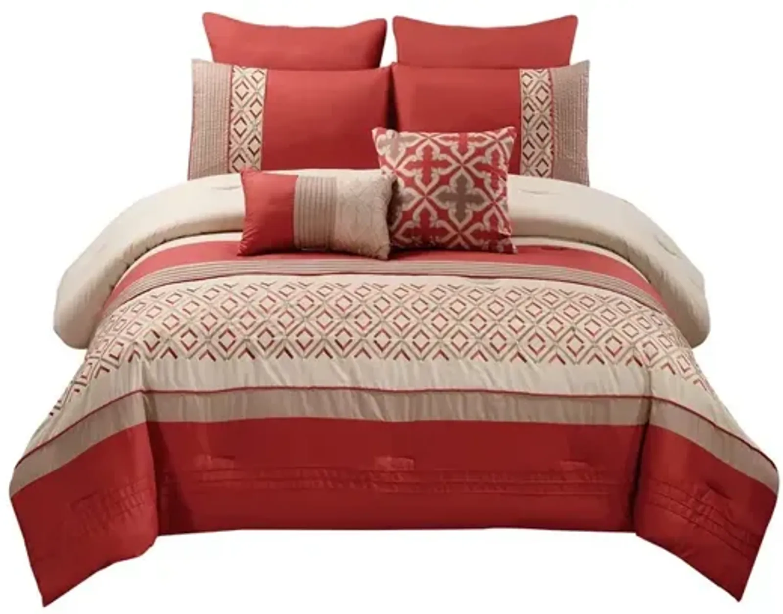 8 Piece King Polyester Comforter Set with Geometric Embroidery, Orange - Benzara