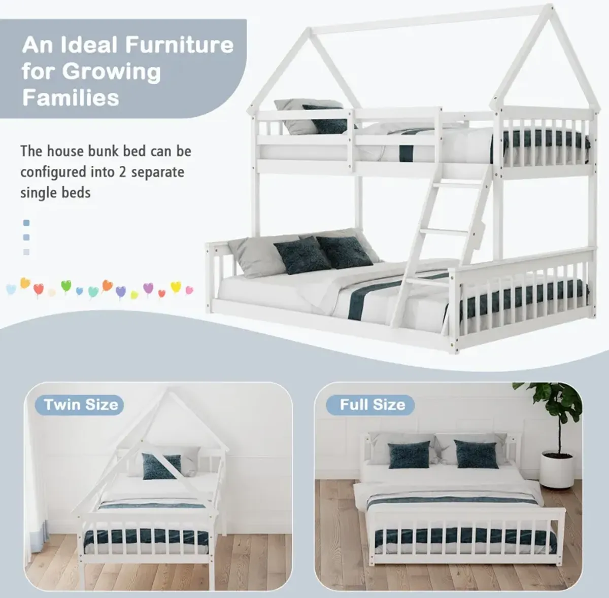 Twin Over Full House Bunk Bed with Ladder and Guardrails