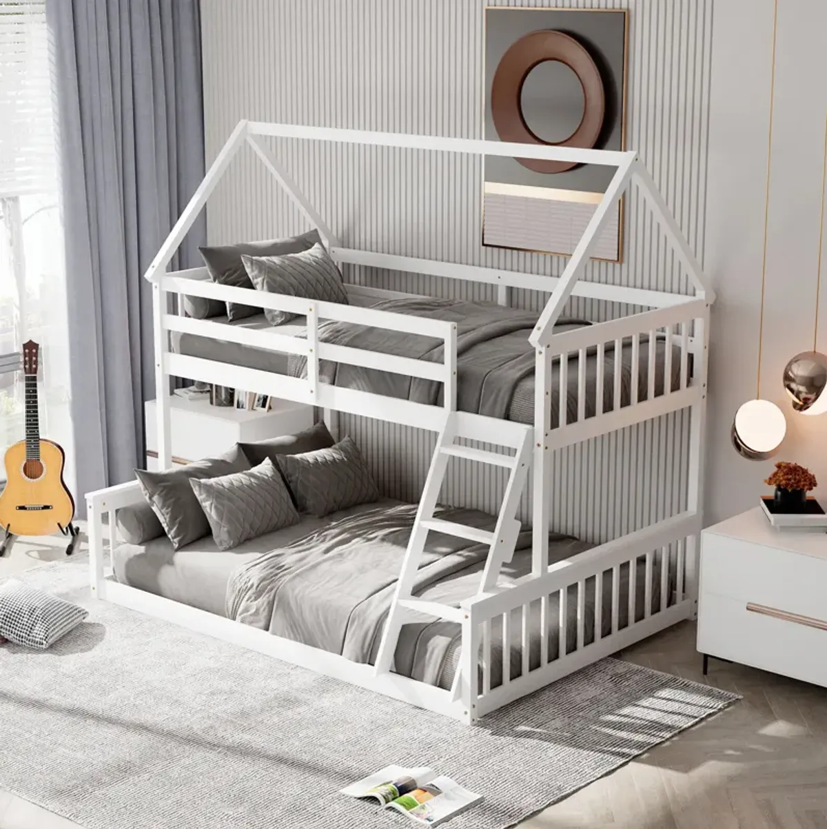 Twin Over Full House Bunk Bed with Ladder and Guardrails