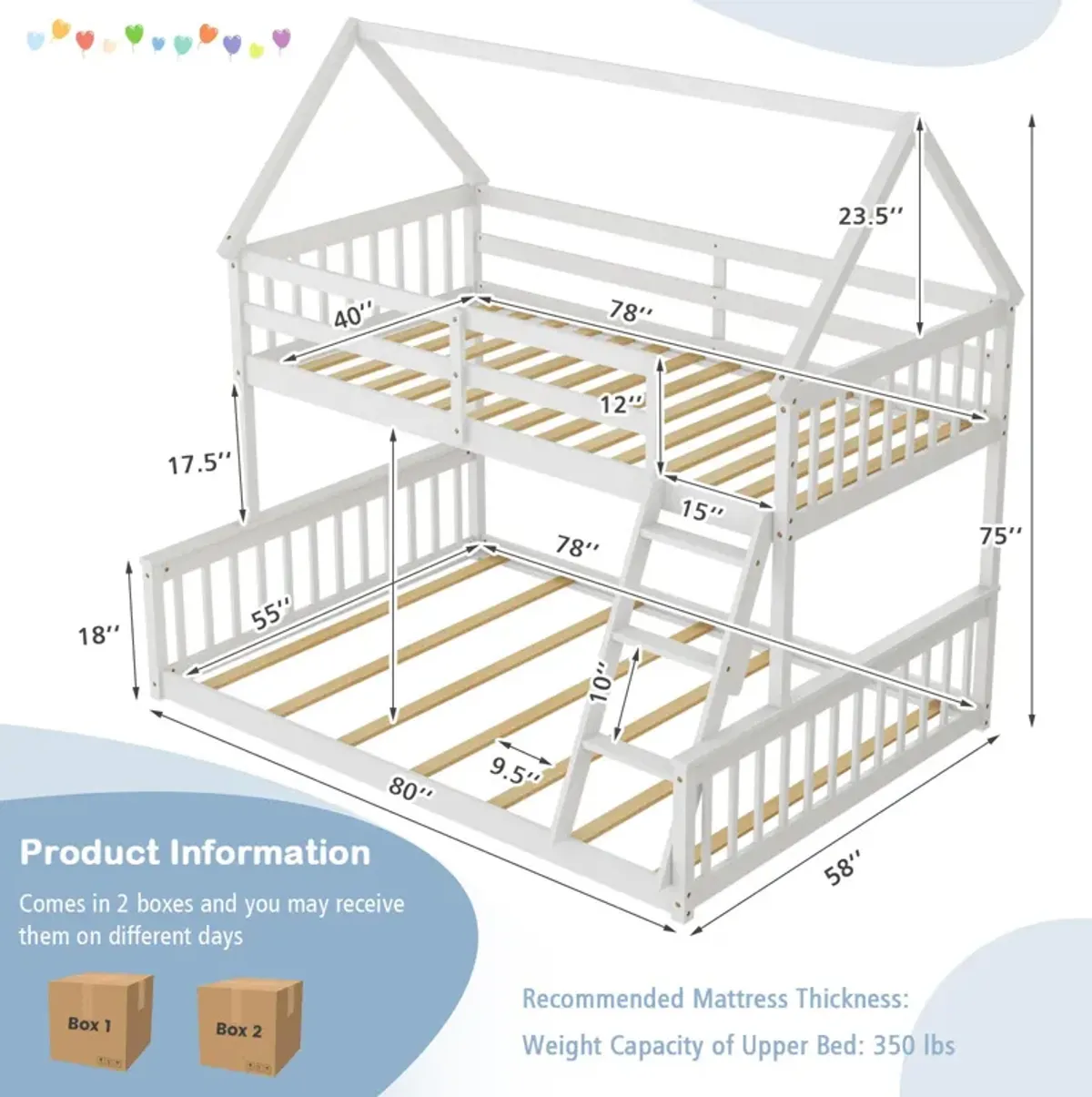 Twin Over Full House Bunk Bed with Ladder and Guardrails