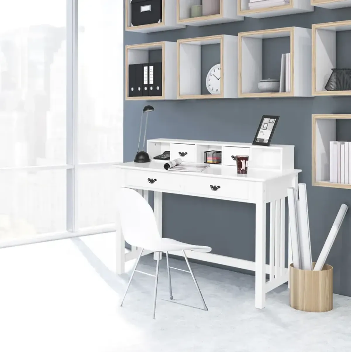 Costway Writing Desk Mission White Home Office Computer Desk 4 Drawer