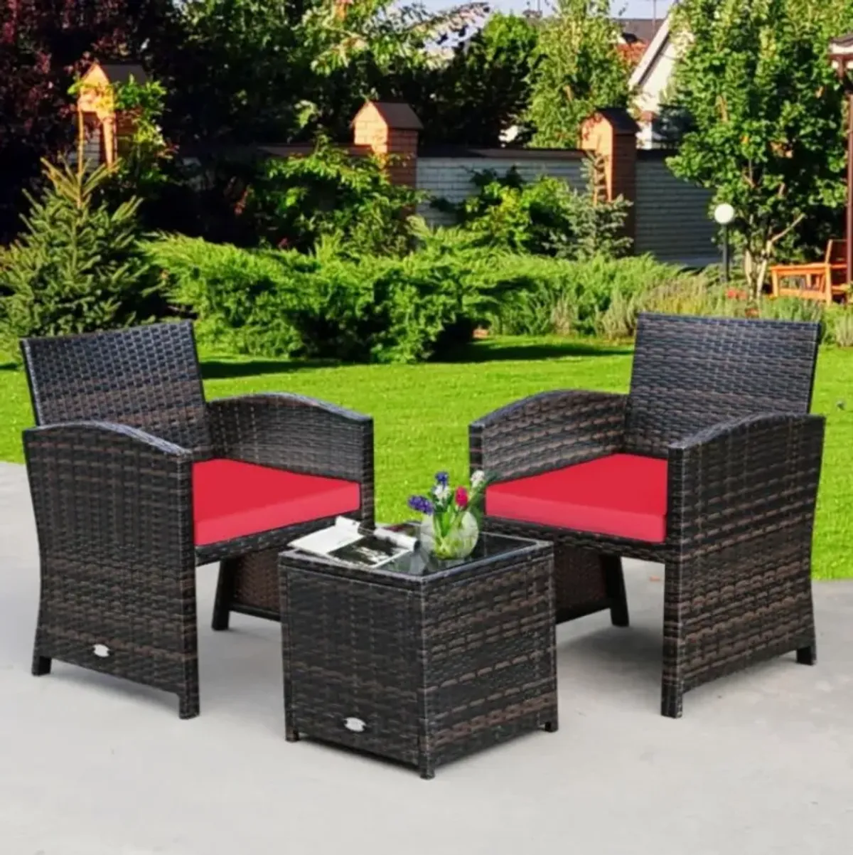 Hivvago 3 Pieces PE Rattan Wicker Furniture Set with Cushion Sofa Coffee Table for Garden