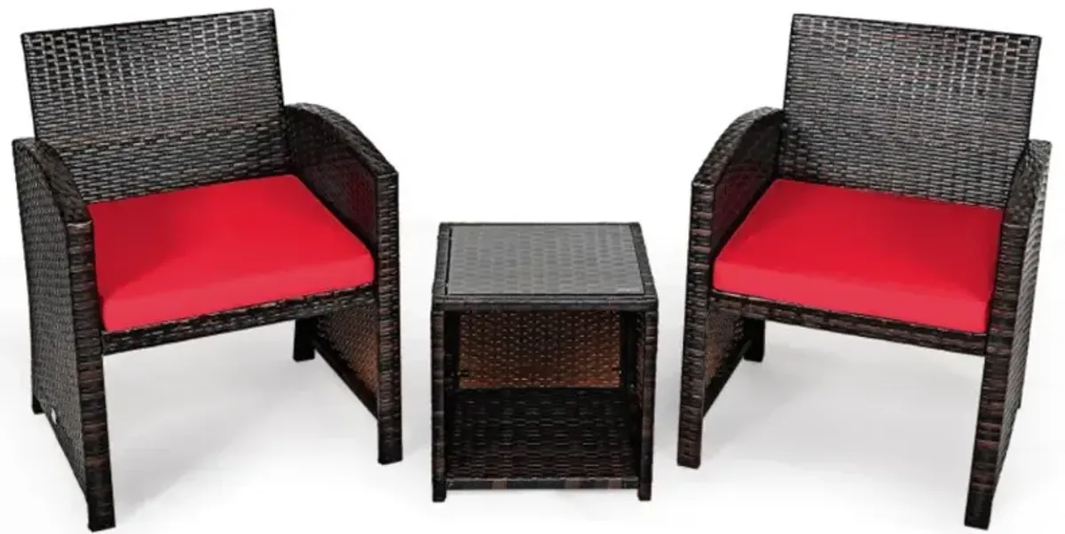 Hivvago 3 Pieces PE Rattan Wicker Furniture Set with Cushion Sofa Coffee Table for Garden