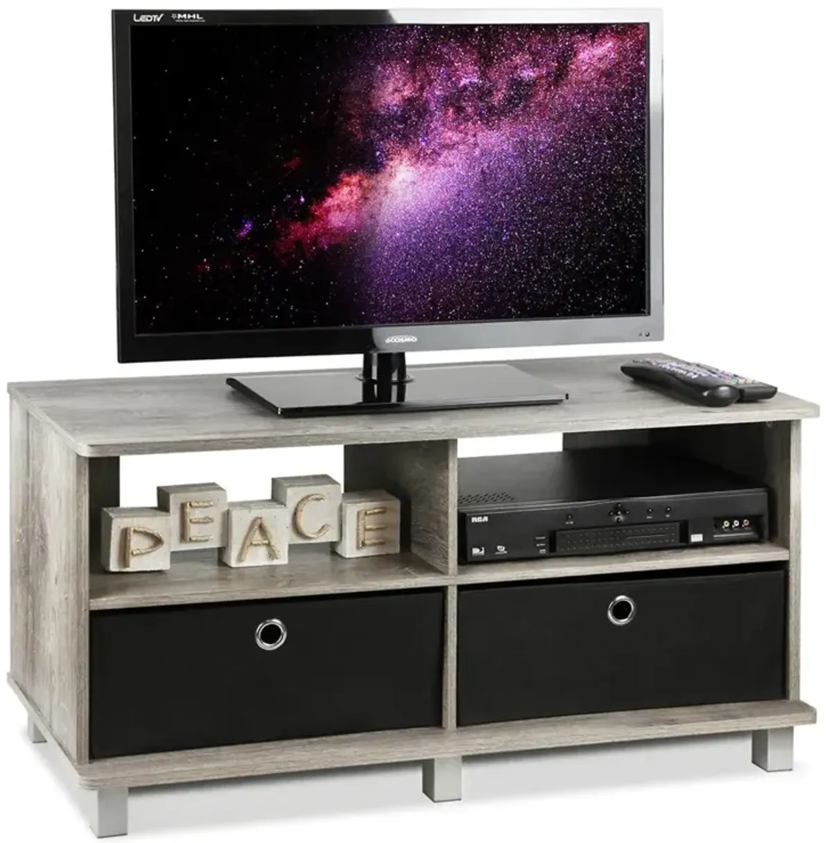 Furinno Andrey Entertainment Center with Bin Drawers, French Oak Grey/Black