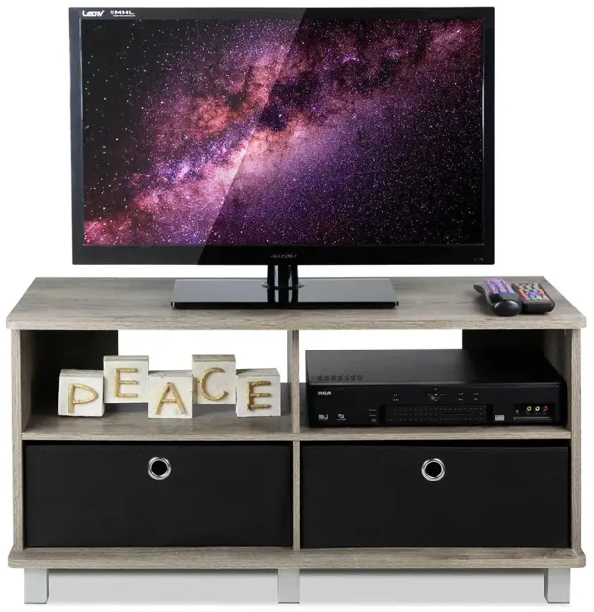 Furinno Andrey Entertainment Center with Bin Drawers, French Oak Grey/Black