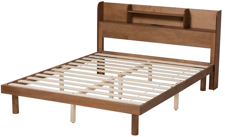 Baxton Studio Harper Mid-Century Modern Transitional Walnut Brown Finished Wood Full Size Platform Bed with Charging Station