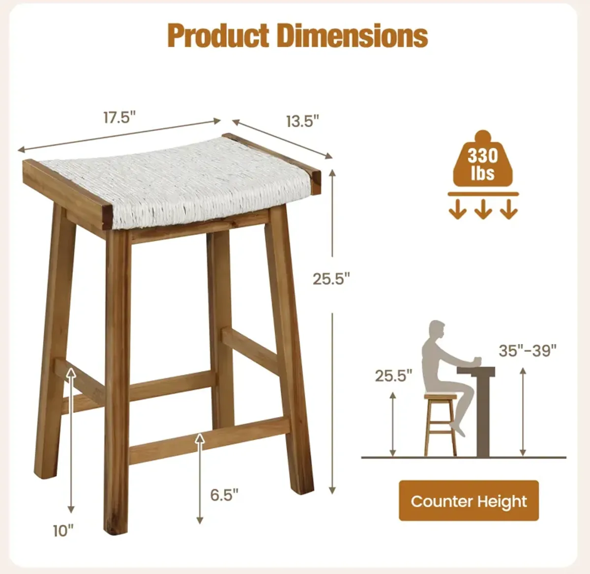 Set of 2 25.5 Inch Dining Bar Stool with Seaweed Woven Seat