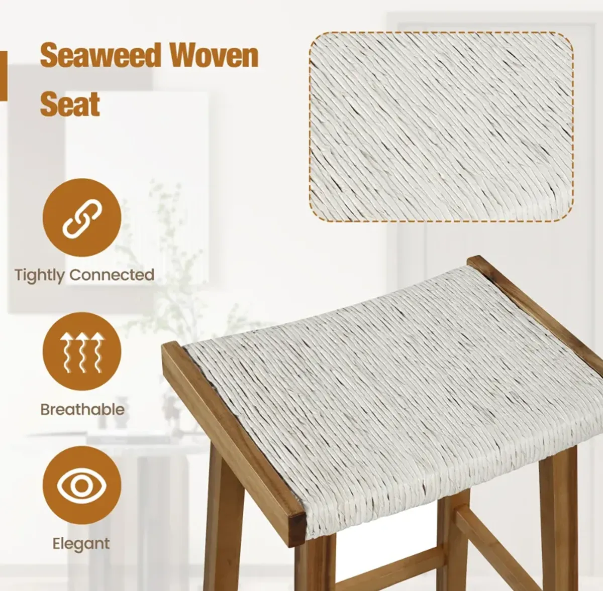 Set of 2 25.5 Inch Dining Bar Stool with Seaweed Woven Seat