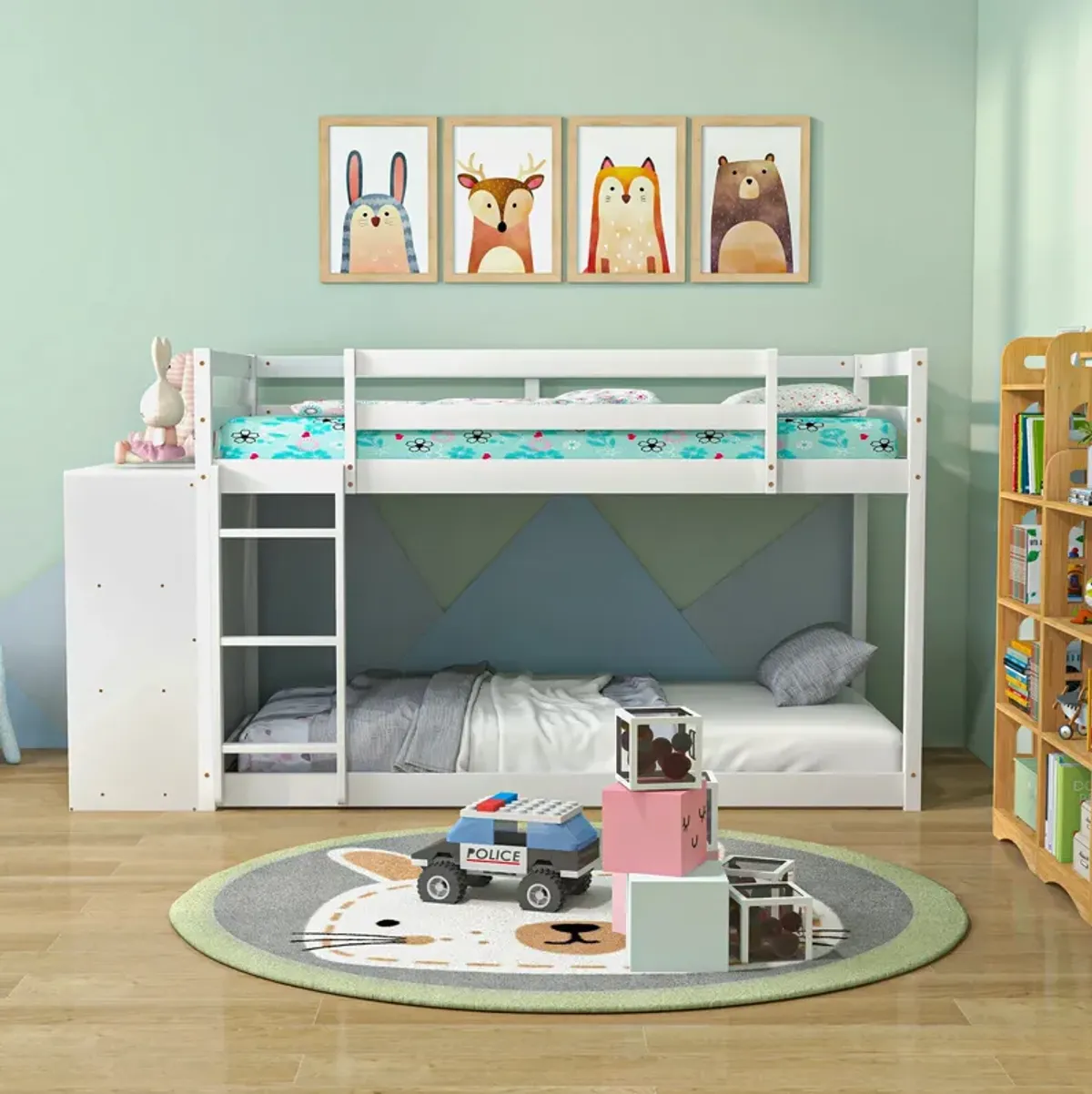 Twin Size Bunk Bed with Convertible Bookcase and Ladder-White