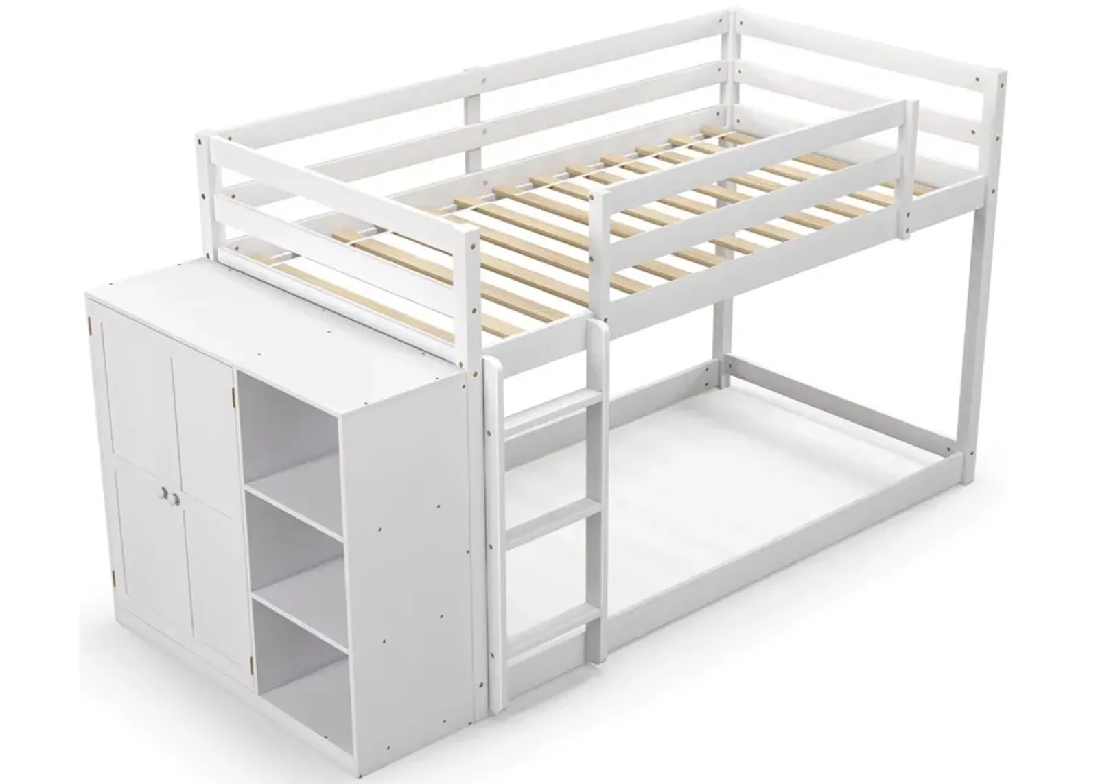 Twin Size Bunk Bed with Convertible Bookcase and Ladder-White