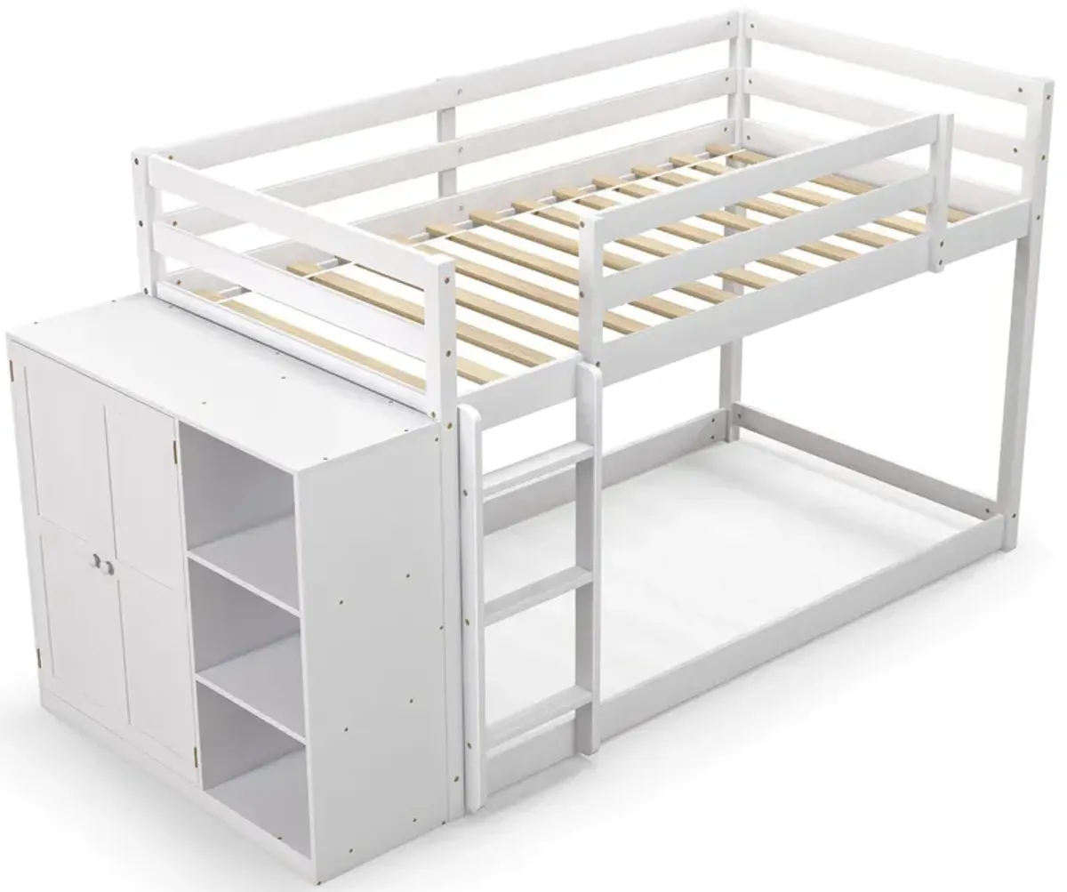 Twin Size Bunk Bed with Convertible Bookcase and Ladder-White