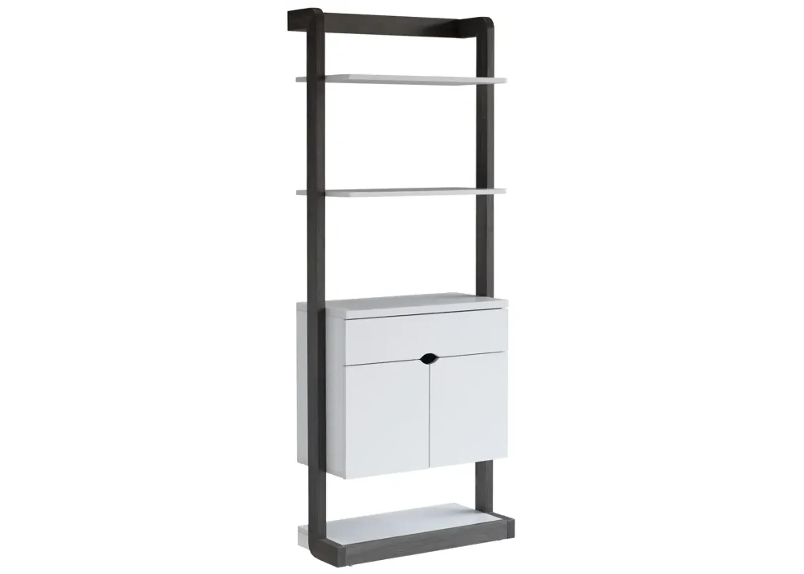 65 Inch Modern Display Cabinet, 4 Shelves, Drawer, Distressed Gray, White - Benzara