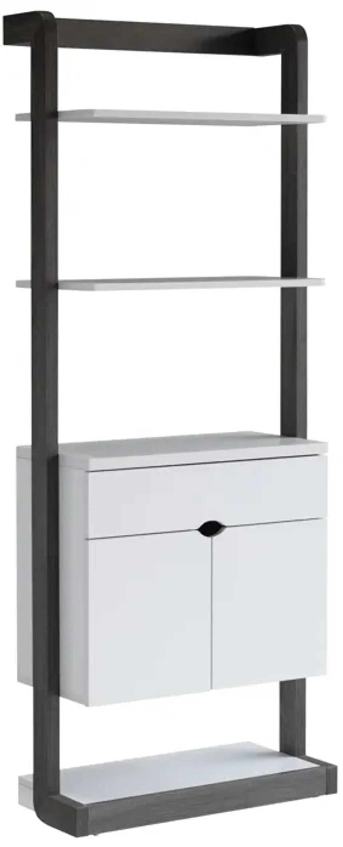 65 Inch Modern Display Cabinet, 4 Shelves, Drawer, Distressed Gray, White - Benzara