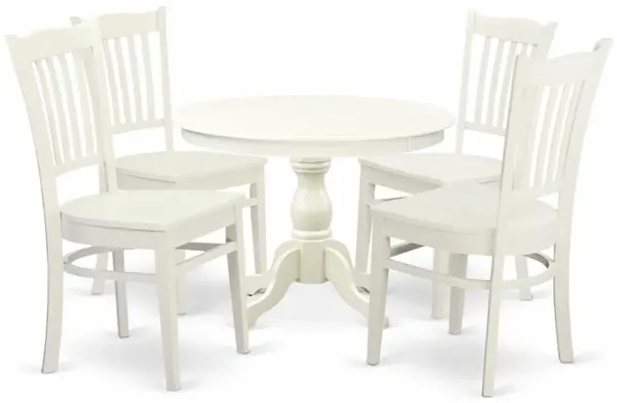 East West Furniture HBGR5-LWH-W 5 Piece Table and Chairs Dining Set - Linen White Wood Table and 4 Linen White Wooden Chairs with Slatted Back - Linen White Finish