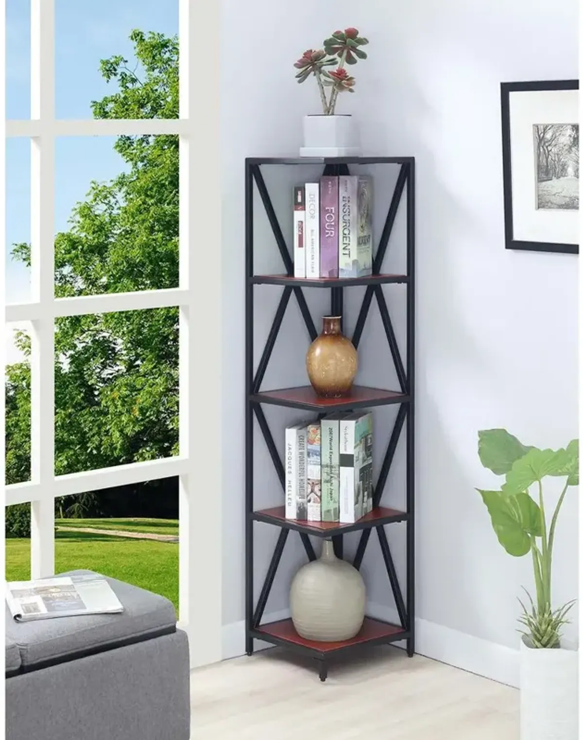 Convenience Concepts Tucson Metal 5 Tier Corner Bookcase, Cherry/Black