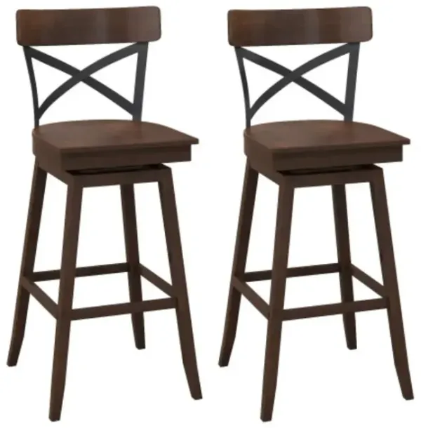 Set of 2 Wooden Swivel Bar Stools with Open X Back and Footrest