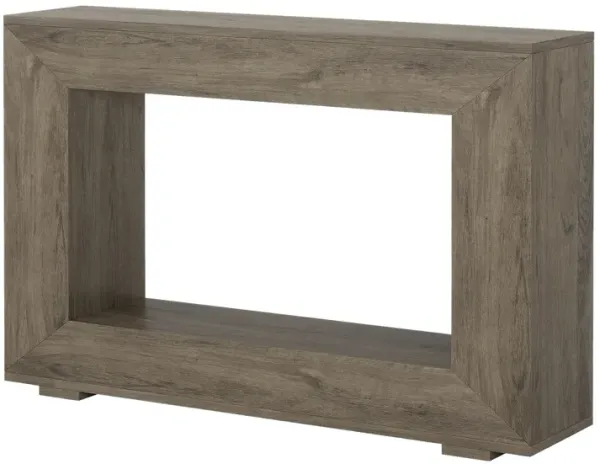 Evan Console Table, 47 Inch Rectangular Top, Rustic Gray, Open Shelf