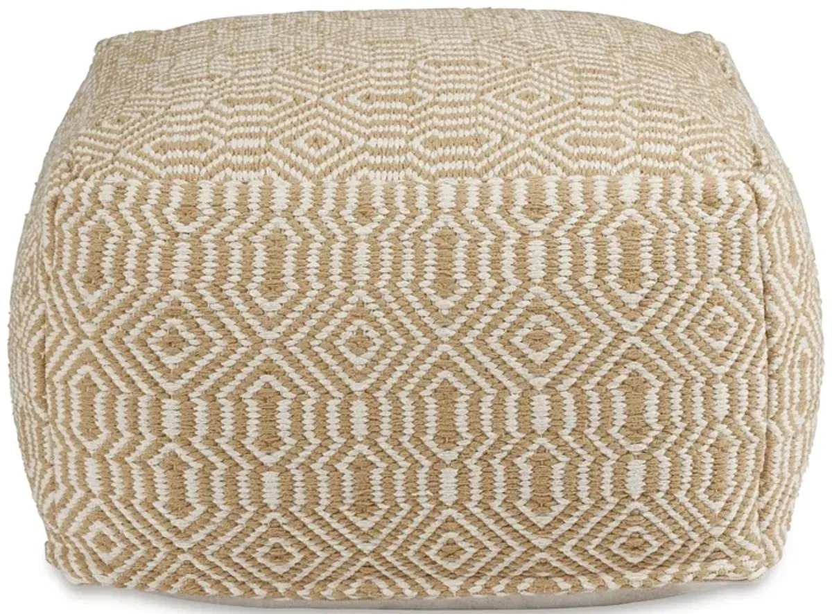 Sena 22 Inch Ottoman Pouf, Handwoven Pattern, Cotton Cover, Beige White -