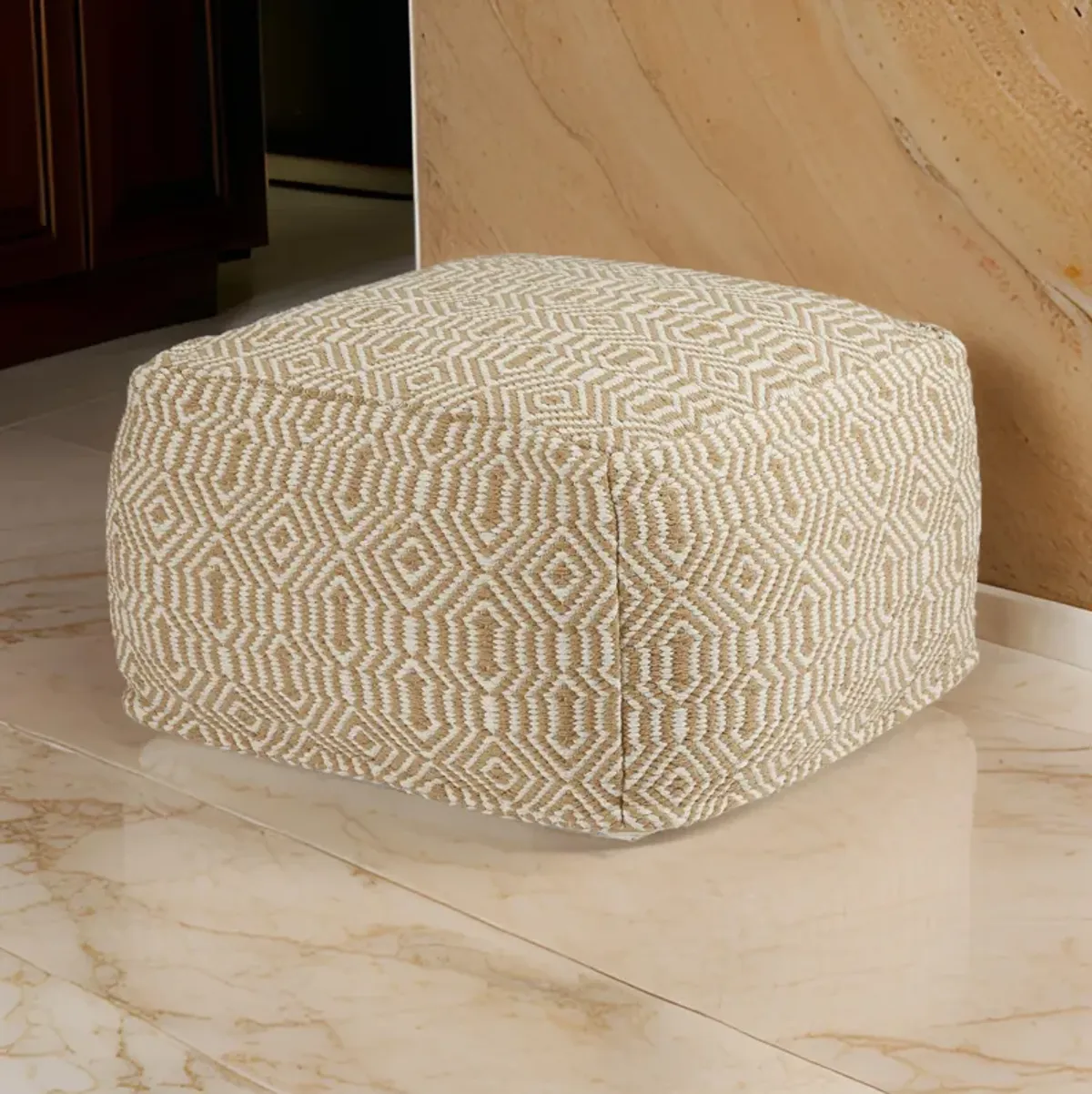 Sena 22 Inch Ottoman Pouf, Handwoven Pattern, Cotton Cover, Beige White -