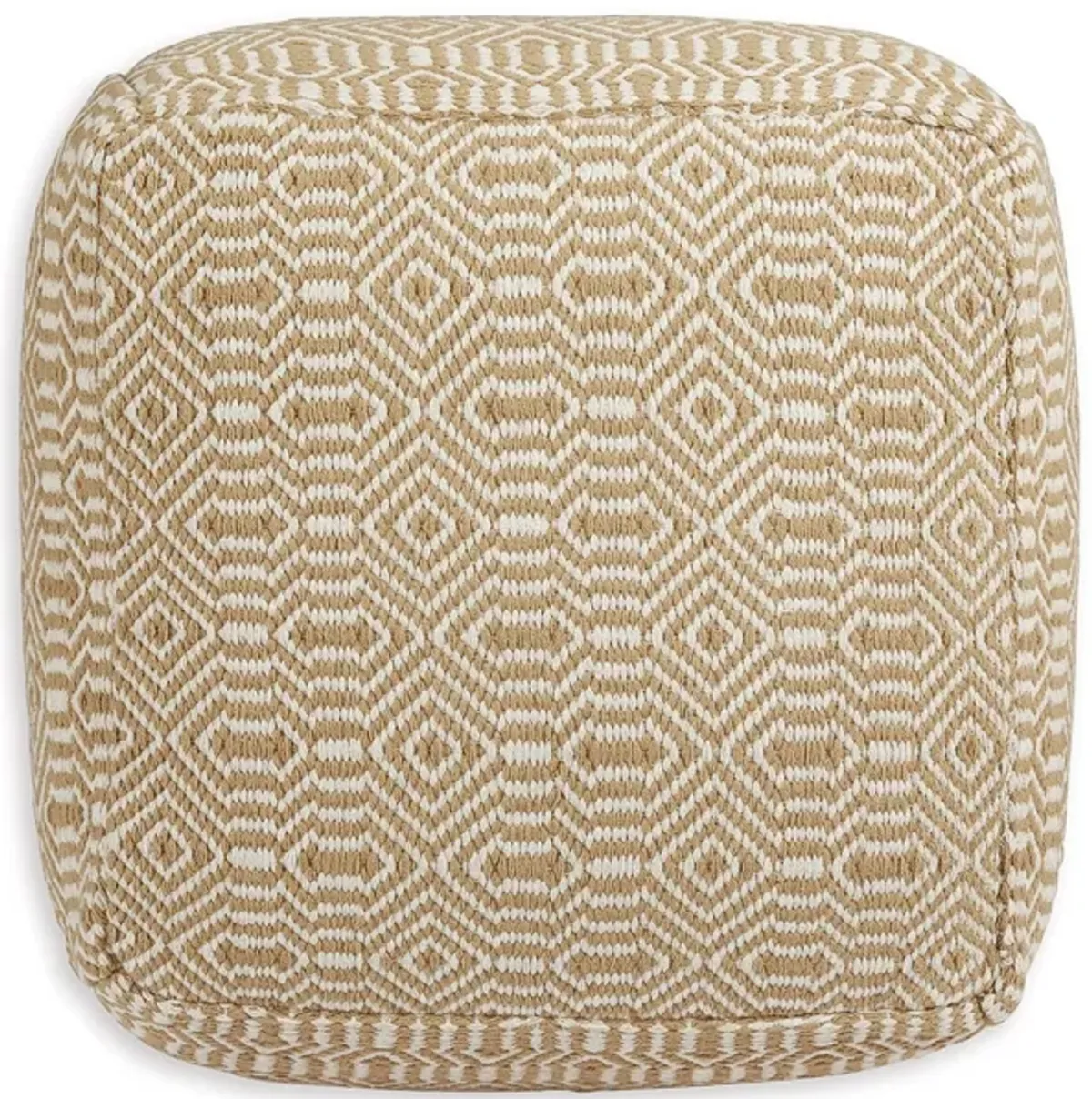 Sena 22 Inch Ottoman Pouf, Handwoven Pattern, Cotton Cover, Beige White -