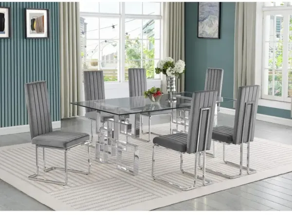 7-piece glam dining set with 6 Dark grey chairs and one 79" glass  table