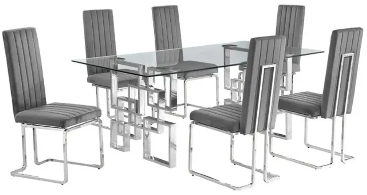 7-piece glam dining set with 6 Dark grey chairs and one 79" glass  table