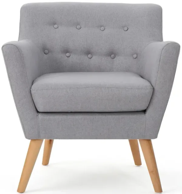 Ronny Accent Chair, Gray Fabric, Button Tufted Backrest, Light Brown Wood - Benzara