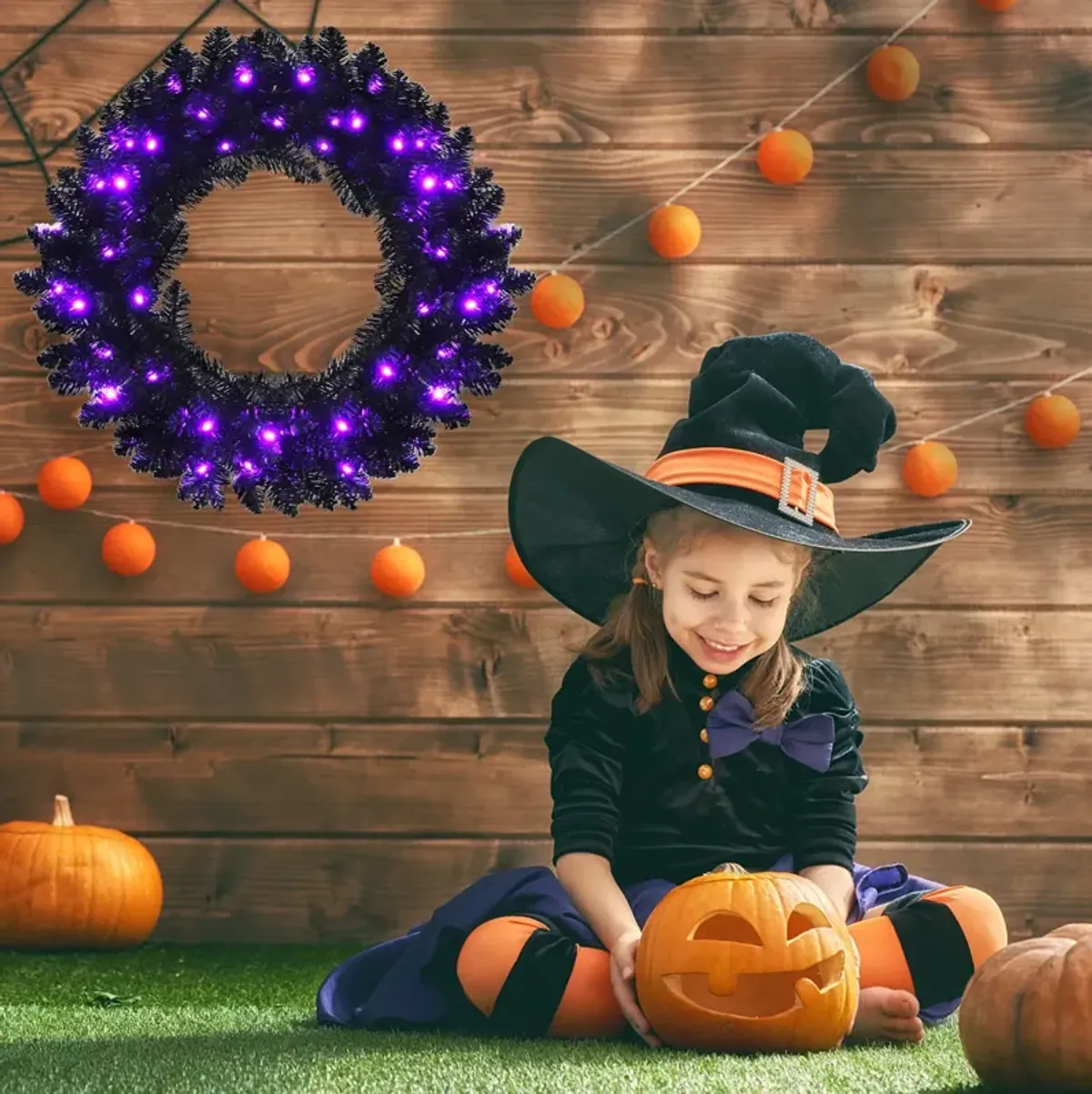 24 Inch Pre-lit Halloween Wreath with 35 Purple LED Lights