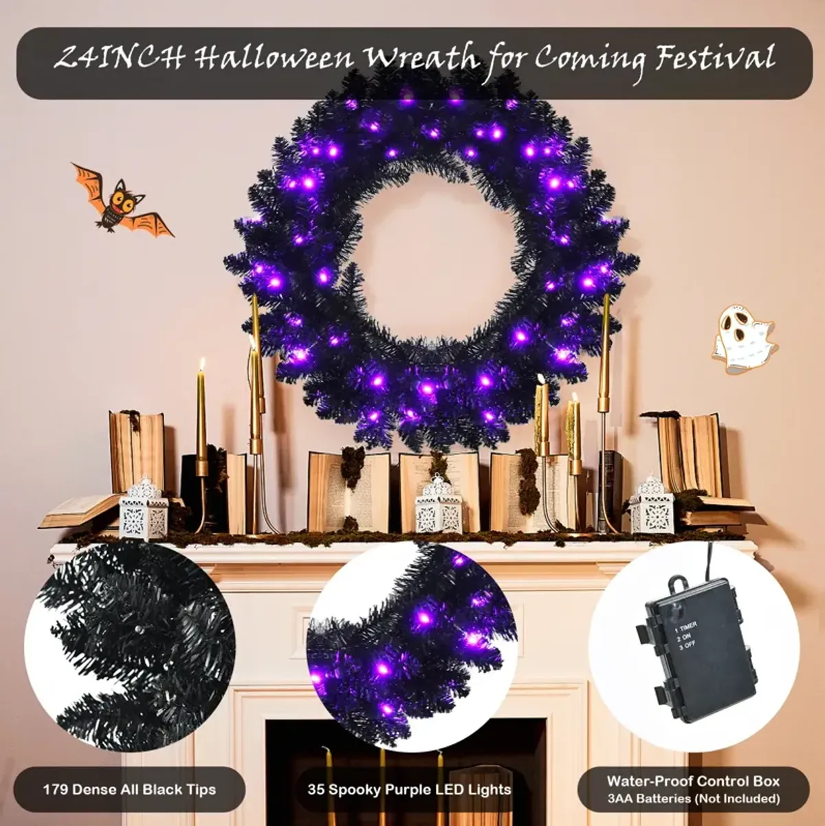 24 Inch Pre-lit Halloween Wreath with 35 Purple LED Lights