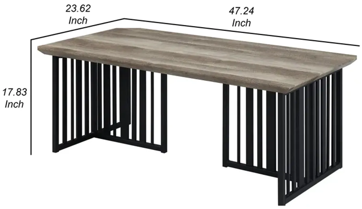 Nori 47 Inch Coffee Table, Distressed Brown Top, Black Metal Slatted Base - Benzara