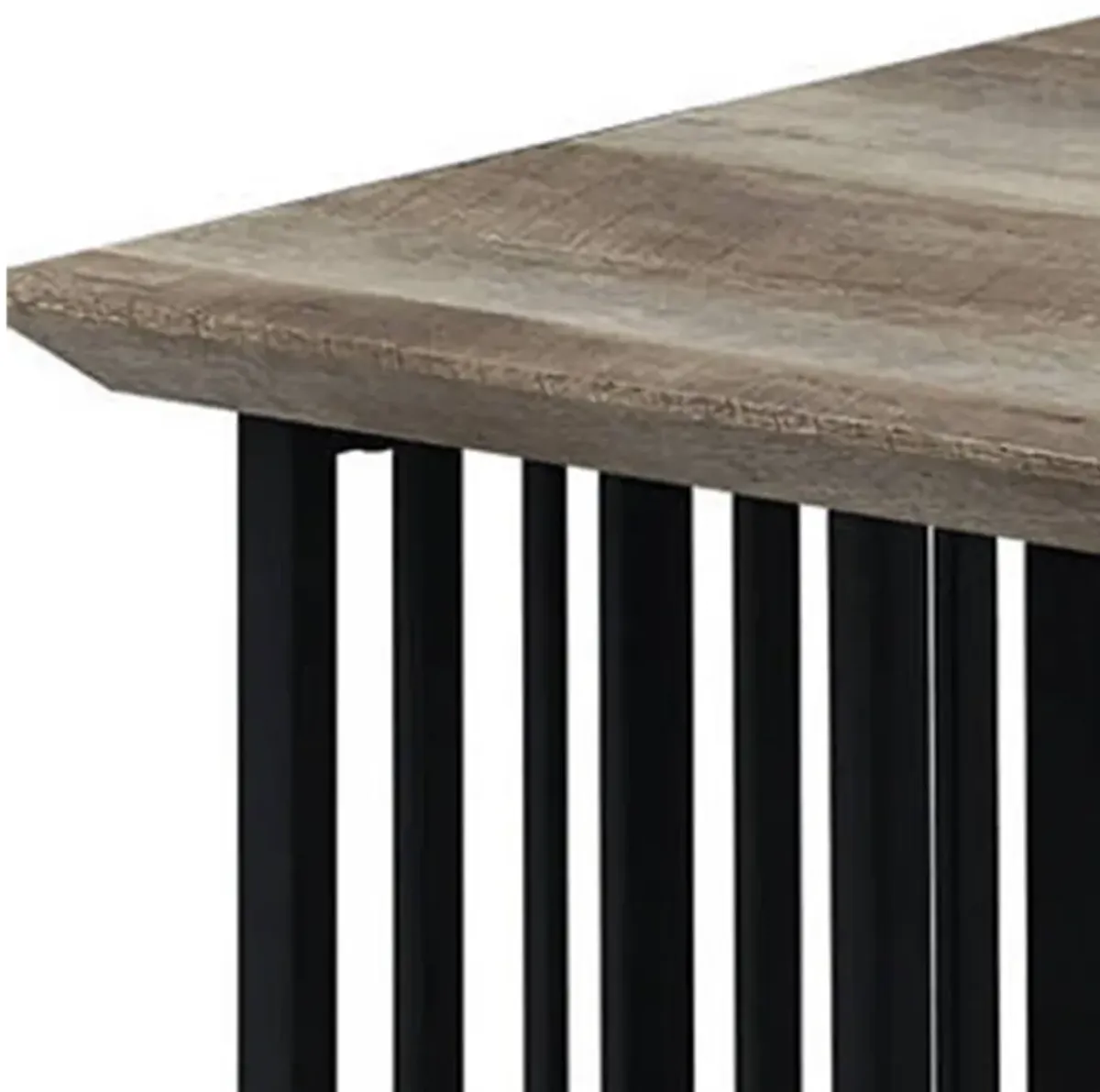 Nori 47 Inch Coffee Table, Distressed Brown Top, Black Metal Slatted Base - Benzara