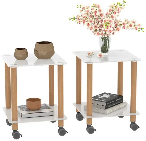2-Piece White+Oak Side Table , 2-Tier Space End Table ,Modern Night Stand, Sofa table, Side Table with Storage Shelve