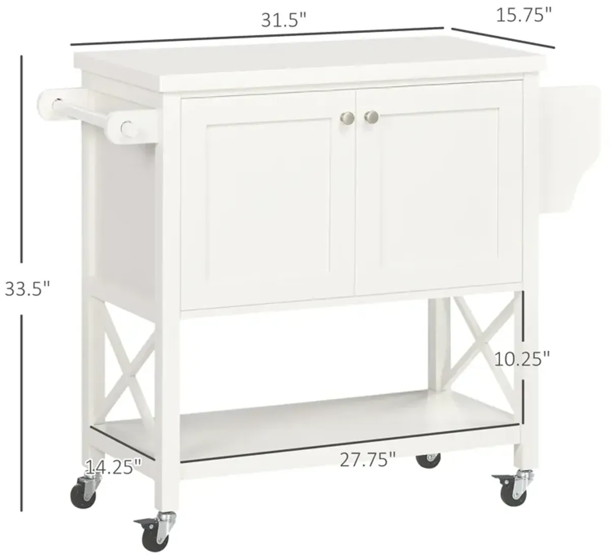 White Kitchen Helper: Mobile Island with Rubberwood Top & Storage