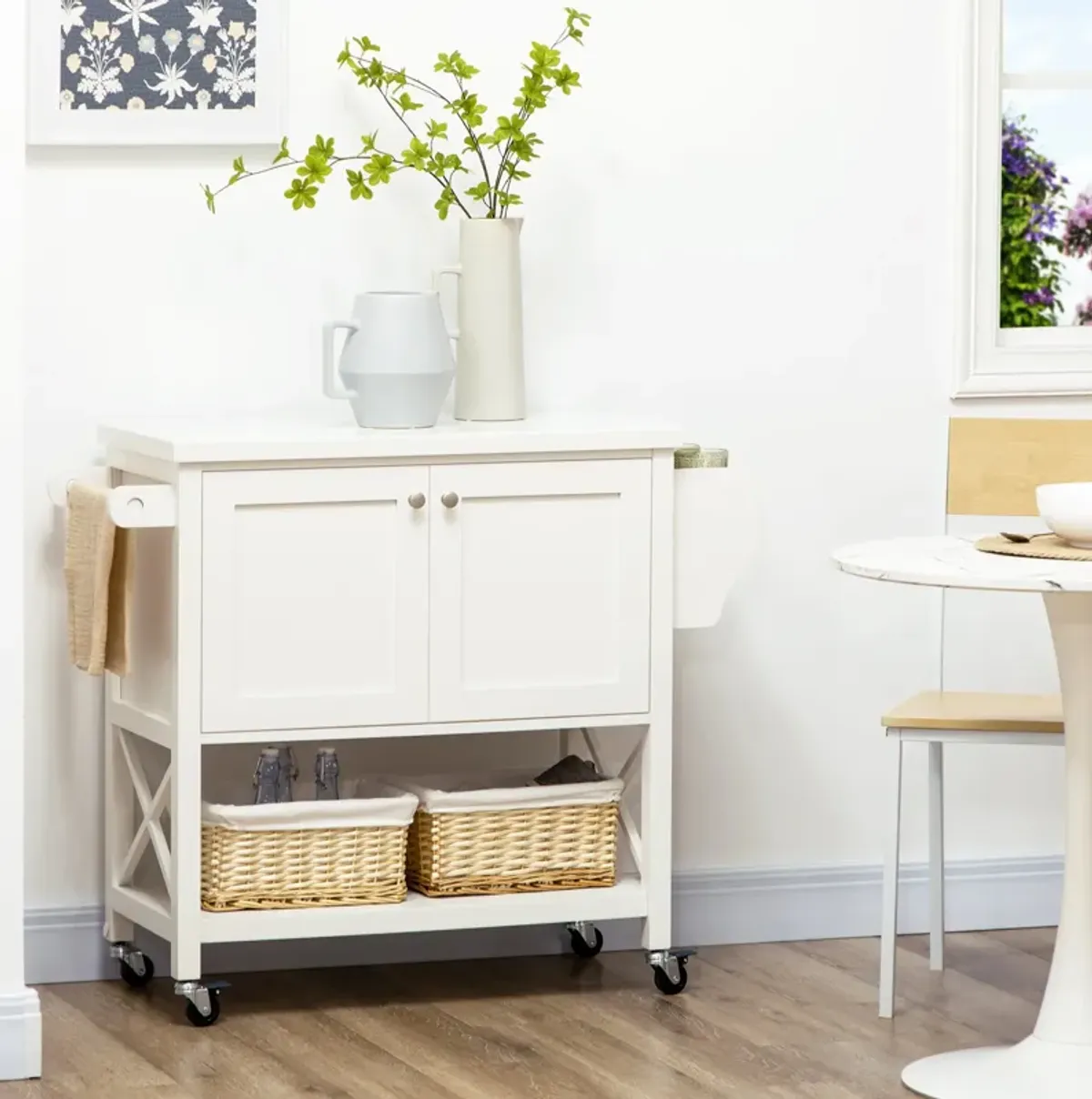 White Kitchen Helper: Mobile Island with Rubberwood Top & Storage